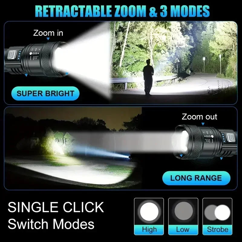 Linterna LED superbrillante recargable por USB, con zoom telescópico, para exteriores, emergencias, acampada y pesca, impermeable