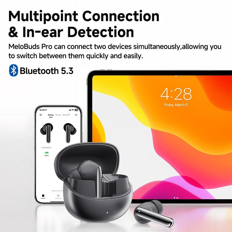 QCY MeloBuds Pro ANC Écouteurs Bluetooth 5.3 sans fil ANC hybride 46dB Hi-Res LDAC Écouteurs 6 micros Casque Détection intra-auriculaire 34H