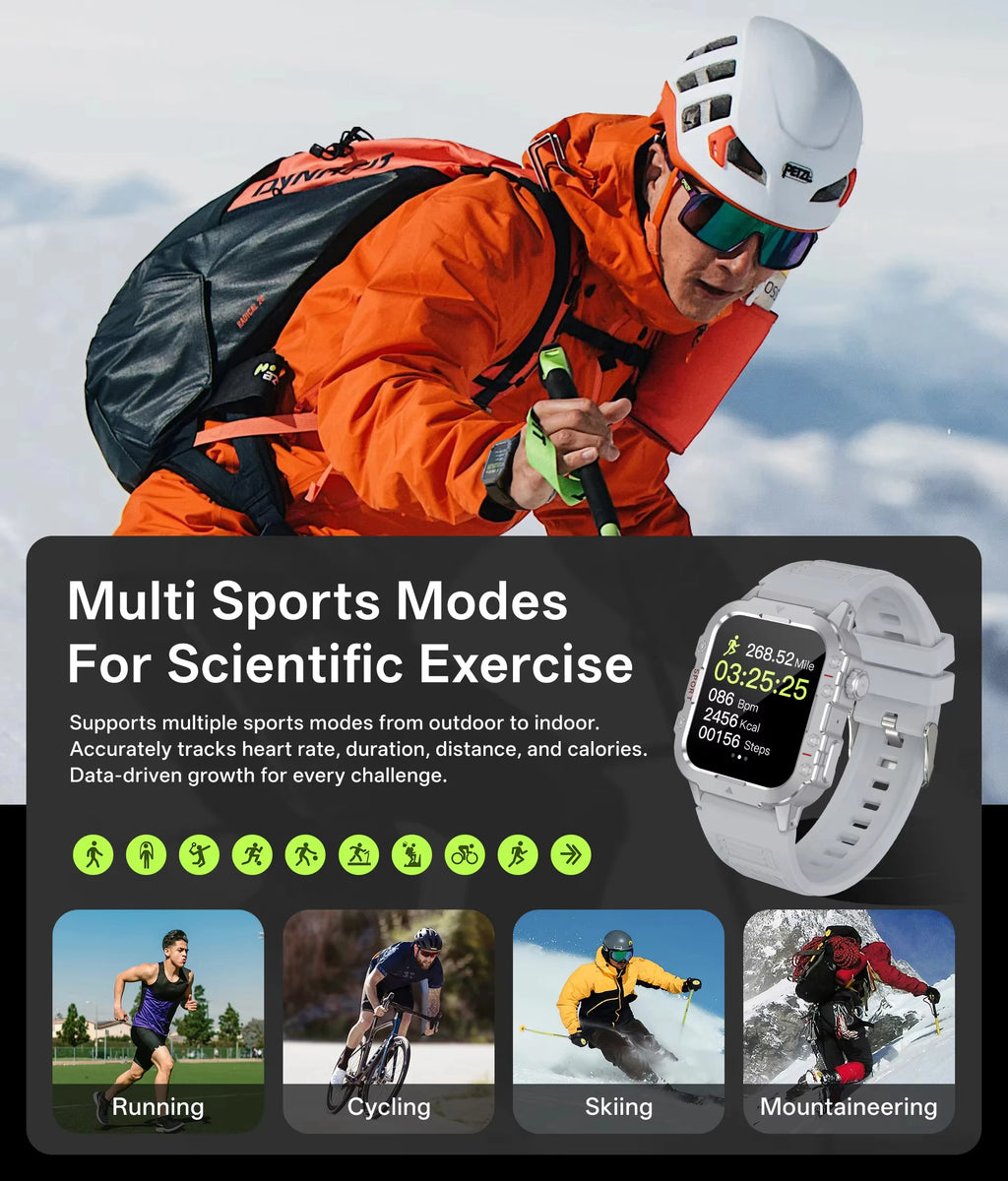 G.L Wear 2026-smartwatch til udendørssport og fitness, pulsmåler, SpO2- og søvnovervågning, LED-lommelygte, Bluetooth-opkald, til mænd og kvinder
