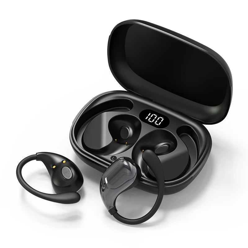 Auriculares Bluetooth 5.4 con gancho para la oreja, TWS inalámbricos, sonido estéreo HiFi, impermeables, pantalla LED, larga autonomía en espera y control táctil