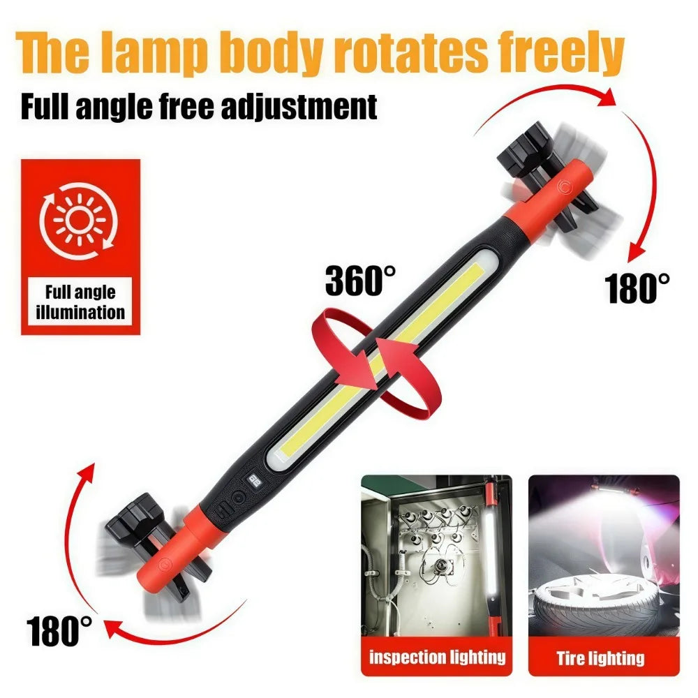 COB-LED-arbejdslampe med USB-genopladning, magnetisk krog og multifunktionel lang lysliste til bilreparationer, nødsituationer, arbejde og camping