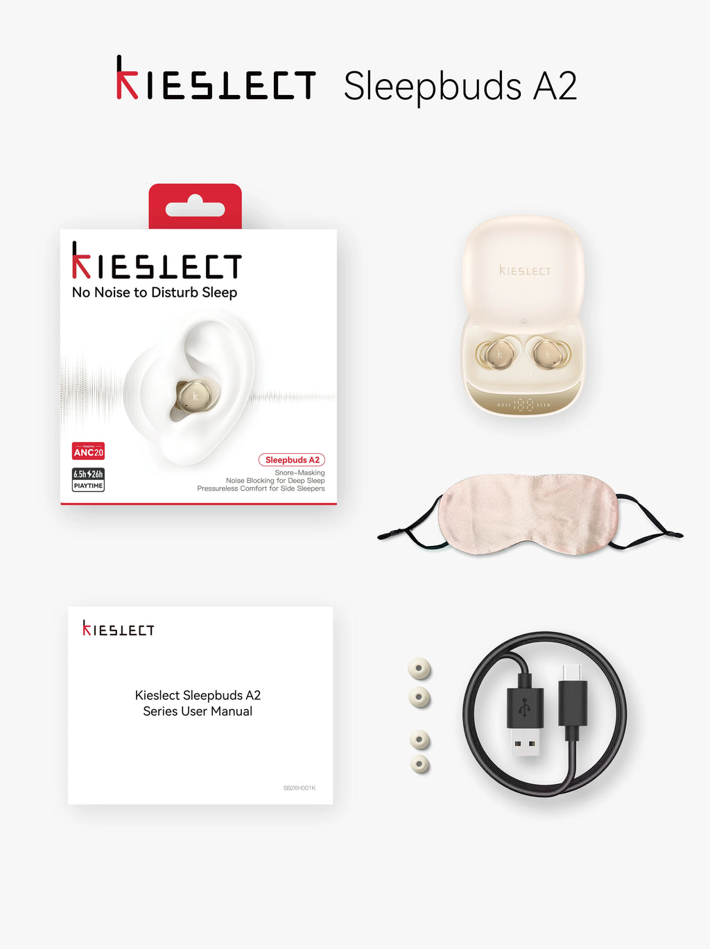 KIESLECT Sleepbuds A2 Bluetooth 5.4, IPX4-vandtætte, kun 2.8g pr. enhed, kan tilpasses i appen, fordybende stilhed med avanceret ANC