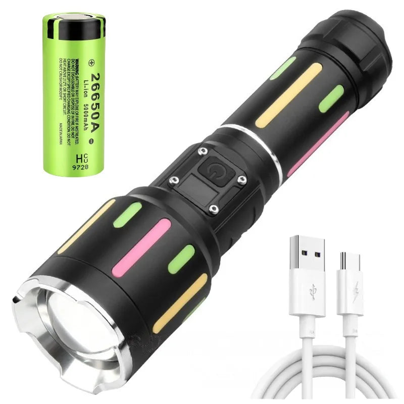 High Power White Light Fluorescent Flashlight  Rechargeable Zoomable Long Shot Torch Outdoor Hiking Camping Emergency Light