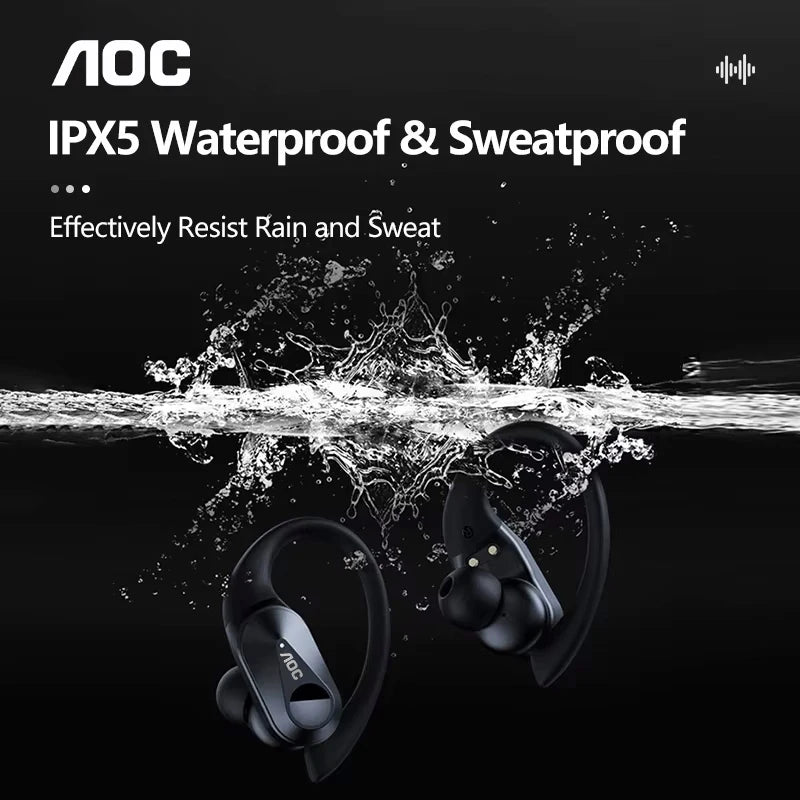Choice AOC sportsheadset, trådløse Bluetooth 6.0-øretelefoner, vandtætte, LED-batteridisplay, gaming med lav latenstid, hovedtelefoner LP75