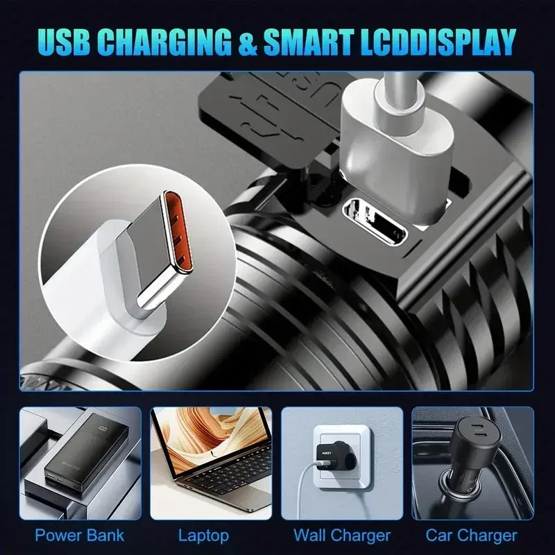 Linterna LED superbrillante recargable por USB, con zoom telescópico, para exteriores, emergencias, acampada y pesca, impermeable