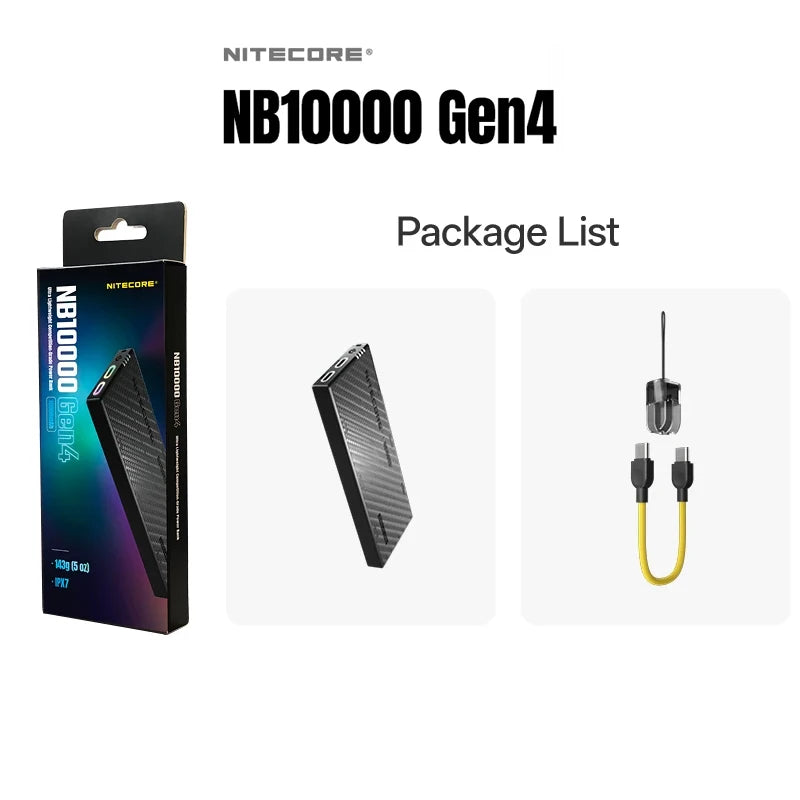 NITECORE NB10000 Gen4 ultralet powerbank i kulfiber, 10000mAh mobil-powerbank med dobbelt USB-C og 22.5W hurtigopladning