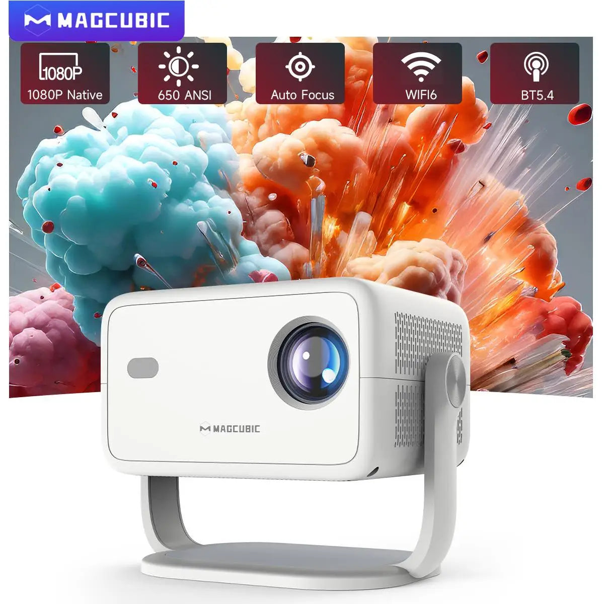 Magcubic-Projektor mit nativer 1080P-Auflösung, 650 ANSI, 8K, Android 14, L018, 360°, automatischer Trapezkorrektur und Fokussierung, Air Mouse, WiFi 6, BT 5.4, tragbar für den Außenbereich