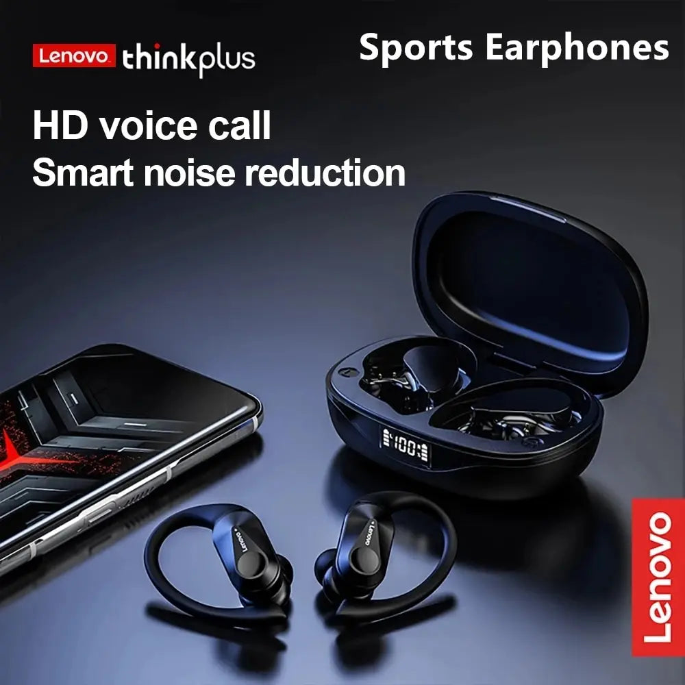 Auriculares deportivos inalámbricos Lenovo LP75 con micrófonos, control mediante botones, indicador LED de batería, sonido estéreo HiFi, Bluetooth 5.3, TWS
