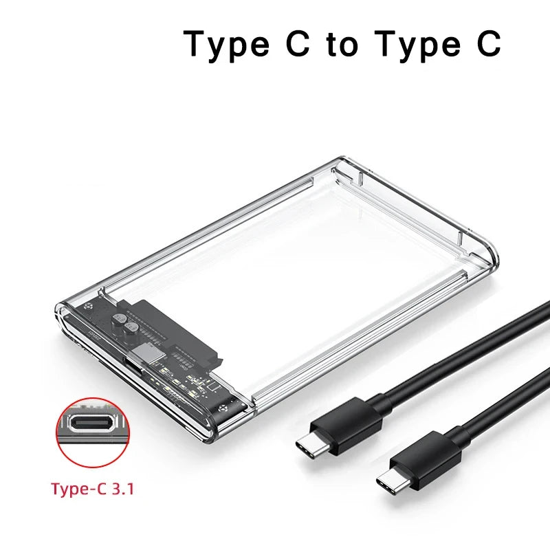 Carcasa transparente para HDD, caja externa para SSD de 2,5 pulgadas, adaptador SATA a USB 3.0 Tipo-C 3.1, caja portátil para disco duro externo, sin herramientas