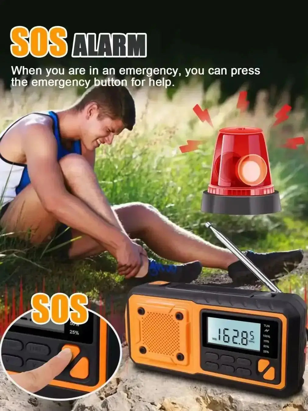 Solarcrank-DAB+/FM-radio 5000mAh-powerbank Bluetooth-højttaler nødberedskabstelefonoplader med SOS-alarm og lommelygte