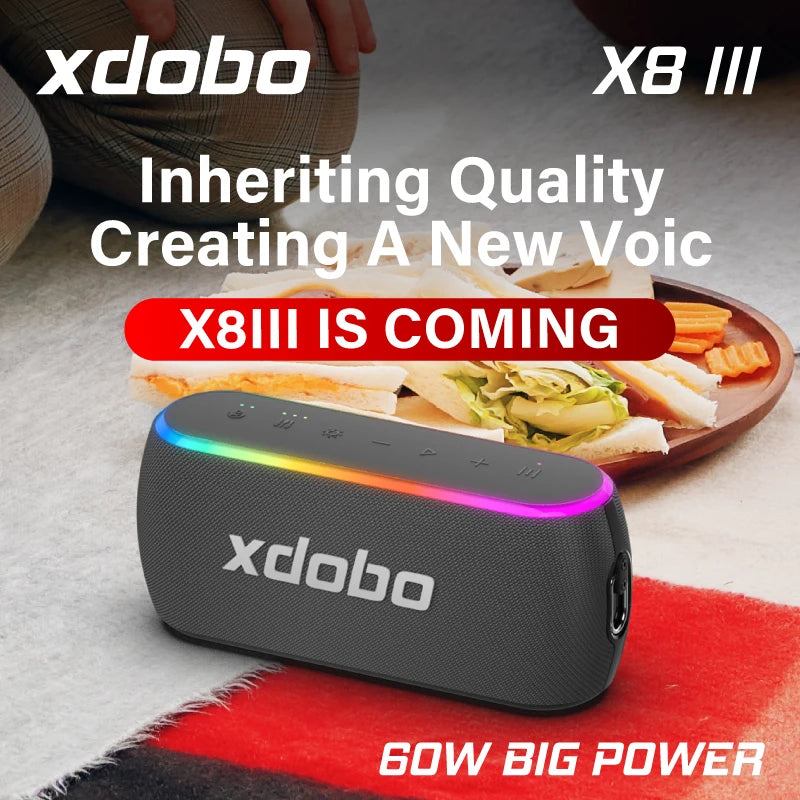 XDOBO X8 III Bluetooth-højttaler med trådløs subwoofer, 6600mAh, kraftig 60W dyb bas, powerbank til udendørs fester og vandreture