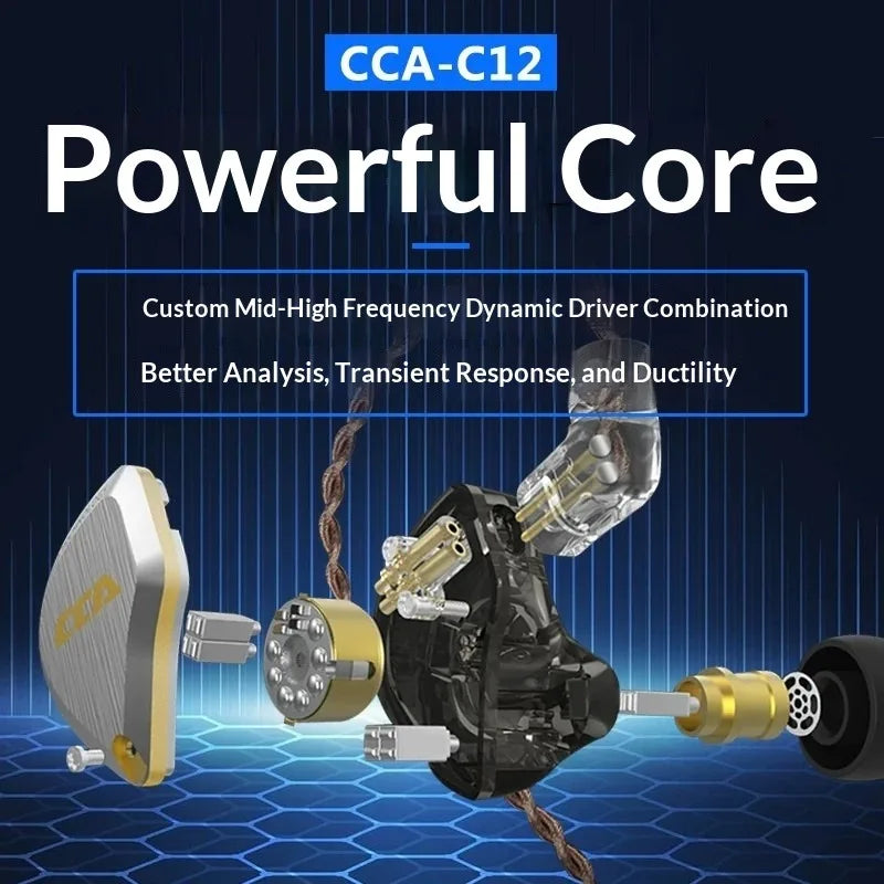 CCA C12 Earphones Hi-Fi Audiophile Grade DIY Hybrid Dynamic & Balanced Armature Wired In-Ear Monitoring Headphones Gifts