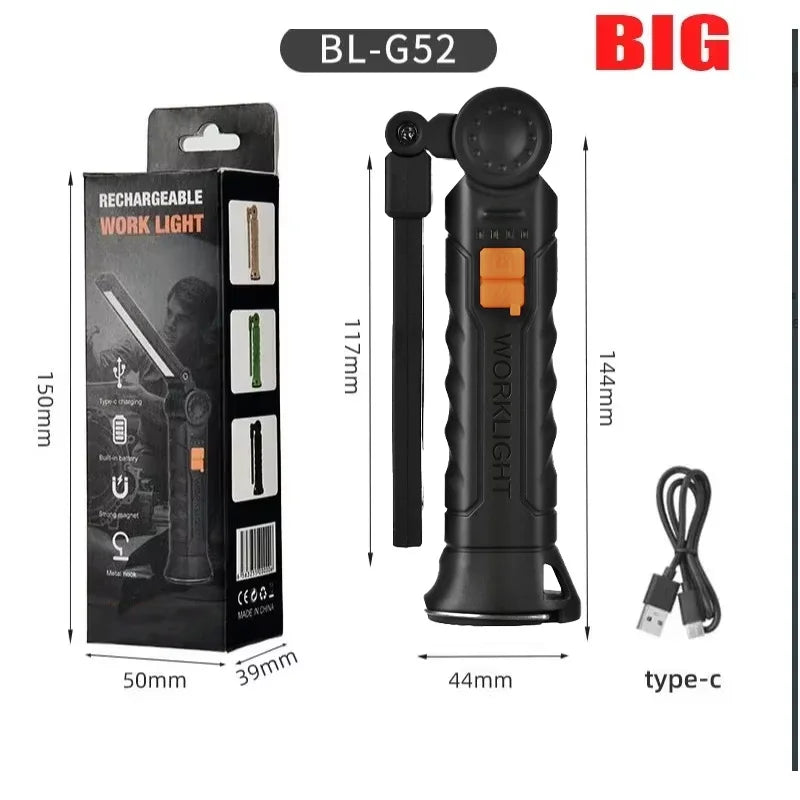 Bærbar COB-LED-lommelygte med USB-genopladning, magnetisk nød- og arbejdslampe med indbygget batteri til udendørs camping