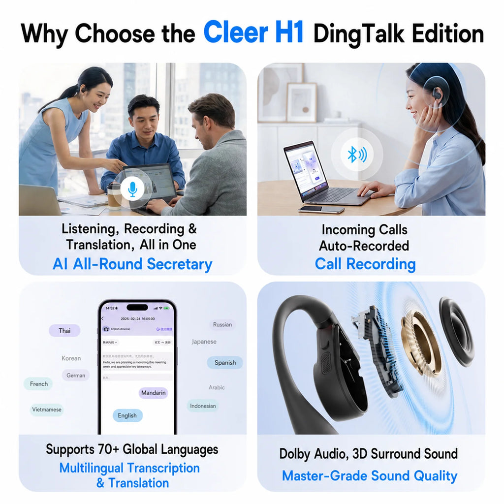 DingTalk H1 AI Earbuds, Open-Ear Recording&Real-Time Transcription, AI Meeting Summary&Translation, for Calls Interviews Office