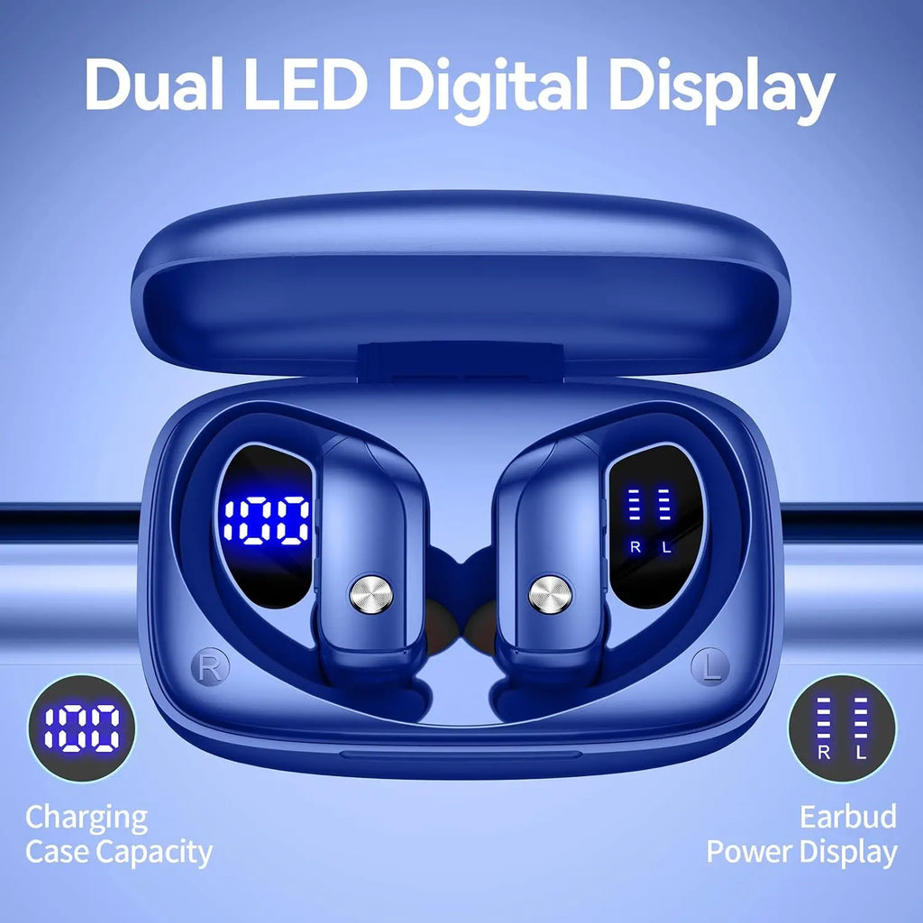 Auriculares inalámbricos con 80 h de reproducción, estuche con pantalla LED, gancho sobre la oreja, sonido estéreo, controles sencillos con botones, auriculares deportivos para correr, entrenar y gimnasio, azules