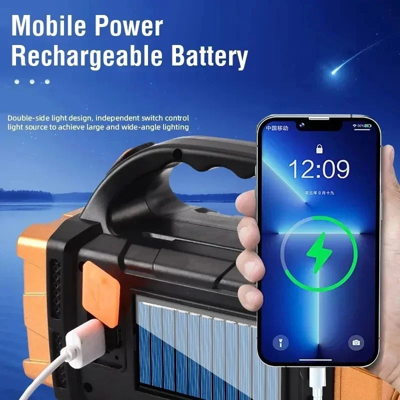 Transportabel, kraftig USB-genopladelig lommelygte med solcelle-LED, COB-arbejdslampe, 4 lysindstillinger, mobilopladning og campinglampe