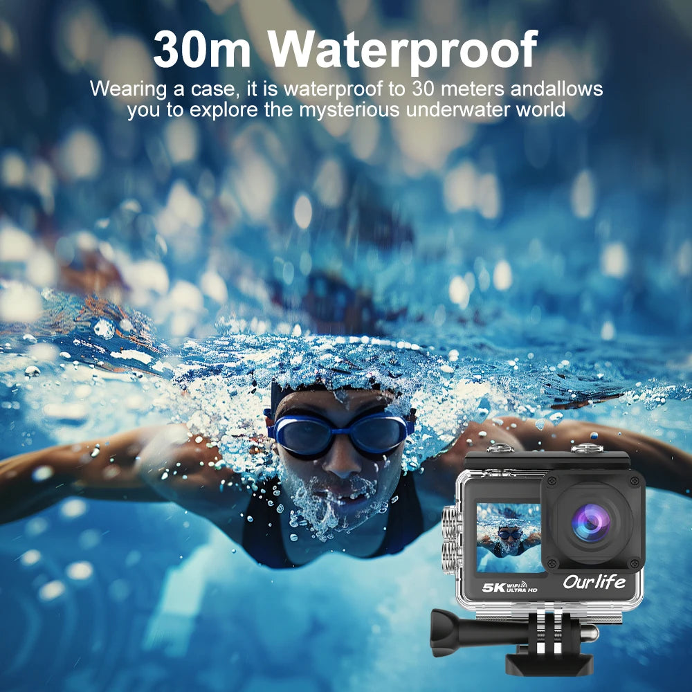 Cámara deportiva Ourlife 5K30FPS, pantalla LCD táctil de 2.0'', DVR de 170°, resistente al agua hasta 30 m, control remoto, zoom 5X, cámara deportiva con casco, WiFi y 4K60FPS