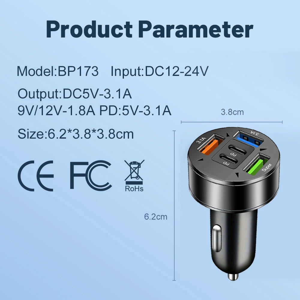 5 Ports USB C Car Charger Fast Charging PD QC3.0 USB C Car Phone Charger Type C Adapter In Car For IPhone Samsung Xiaomi
