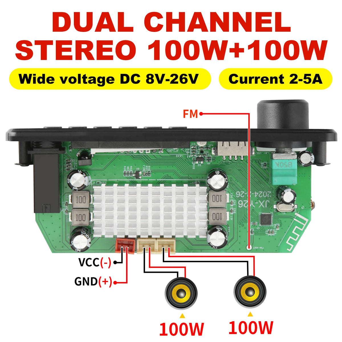 NY 200W Bluetooth-forstærker og DIY MP3 WAV-dekoderkort, DC 12V 100W, trådløs bil-USB MP3-afspiller med TF-kortplads, USB-FM og mikrofon