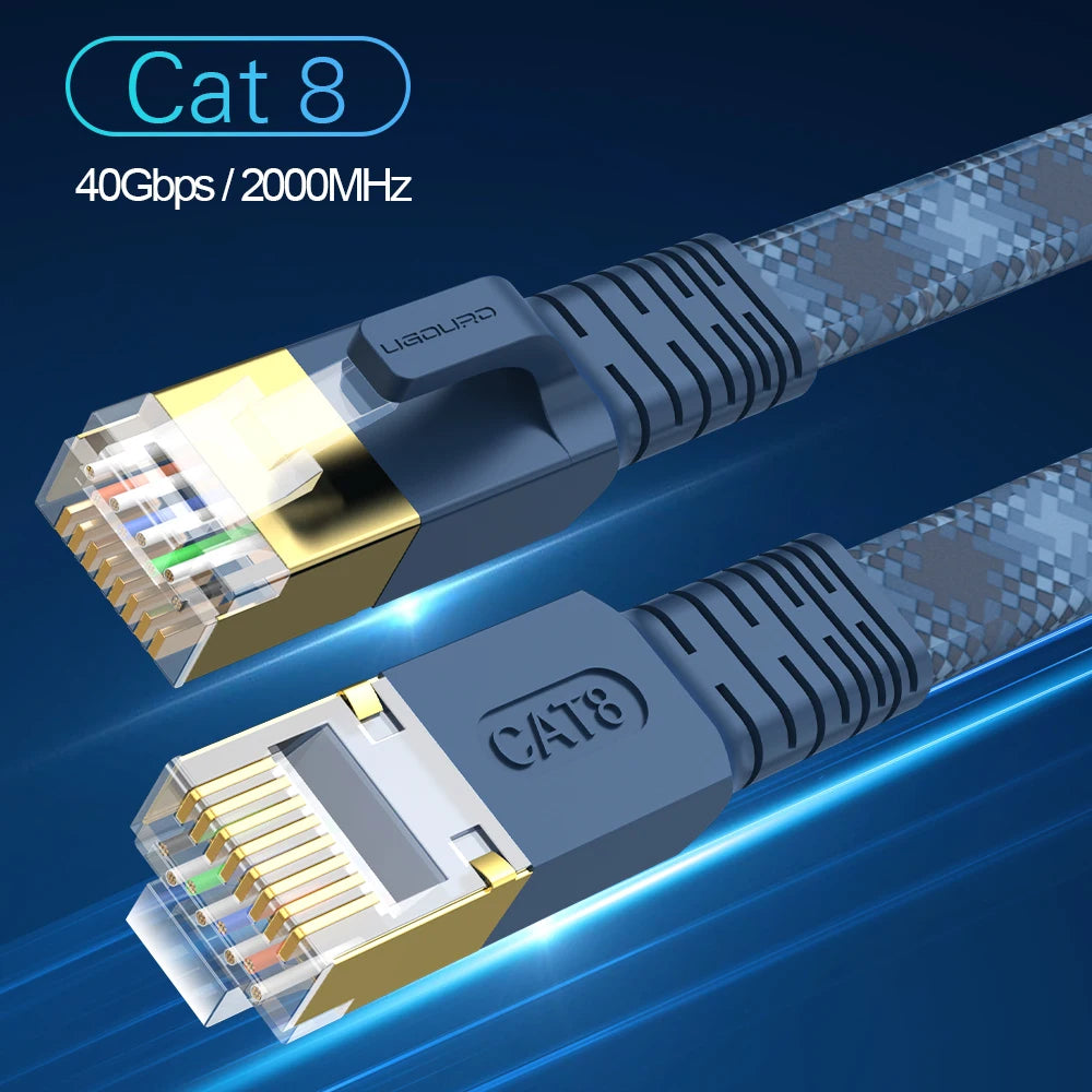 Fladt CAT 8-netværkskabel til internet, 40Gbps, 2000MHz, rundt RJ45-LAN-kabel med nylonfletning, patchkabel til modem, router, PC, PS4/5/6 og Xbox