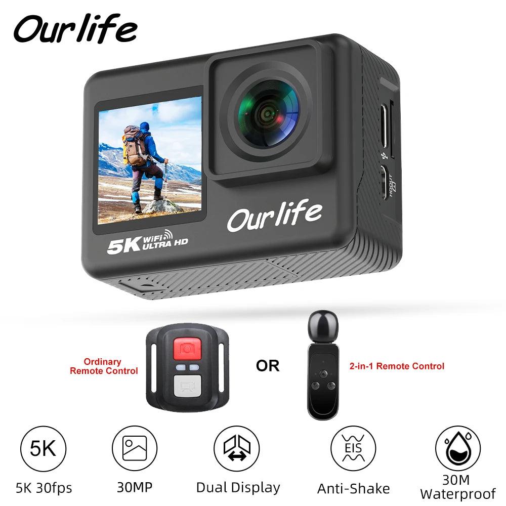 Cámara deportiva Ourlife 5K30FPS, pantalla LCD táctil de 2.0'', DVR de 170°, resistente al agua hasta 30 m, control remoto, zoom 5X, cámara deportiva con casco, WiFi y 4K60FPS