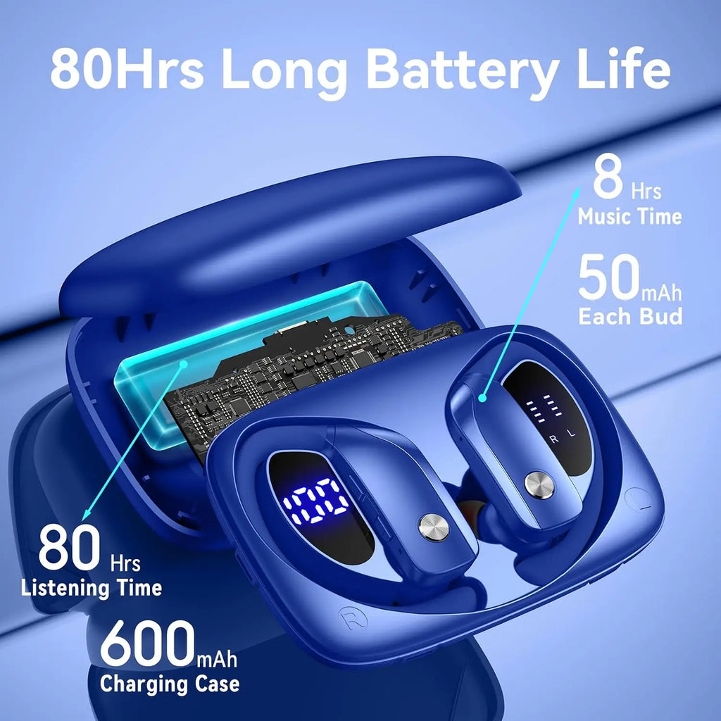 Auriculares inalámbricos con 80 h de reproducción, estuche con pantalla LED, gancho sobre la oreja, sonido estéreo, controles sencillos con botones, auriculares deportivos para correr, entrenar y gimnasio, azules