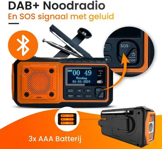 Solarcrank-DAB+/FM-radio 5000mAh-powerbank Bluetooth-højttaler nødberedskabstelefonoplader med SOS-alarm og lommelygte