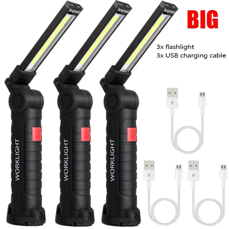 Bærbar COB-LED-lommelygte med USB-genopladning, arbejdslampe med magnet, hængelampe med indbygget batteri, campinglygte