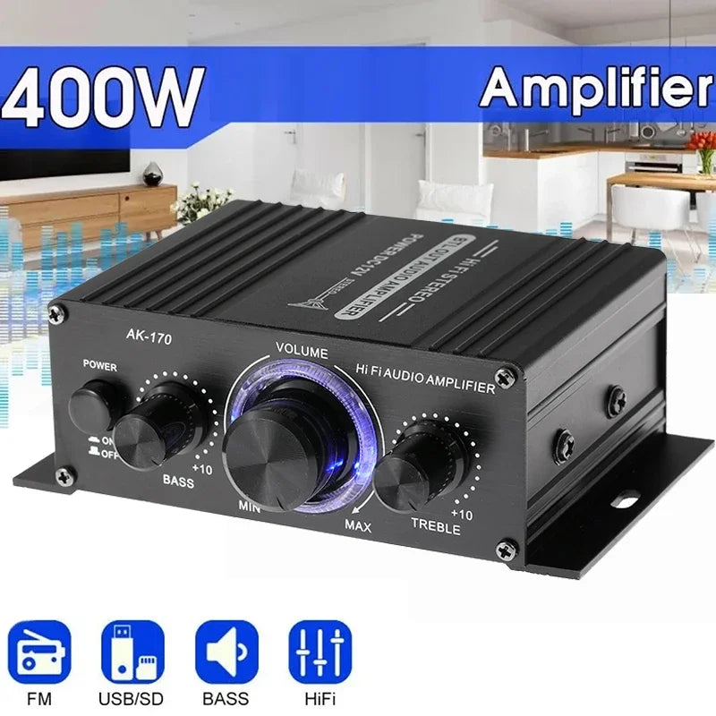 Mini amplificador de potencia de audio digital para automóvil AK170, con luz azul, amplificador de audio estéreo para cine en casa, club y fiestas, potencia de 200 W x 2