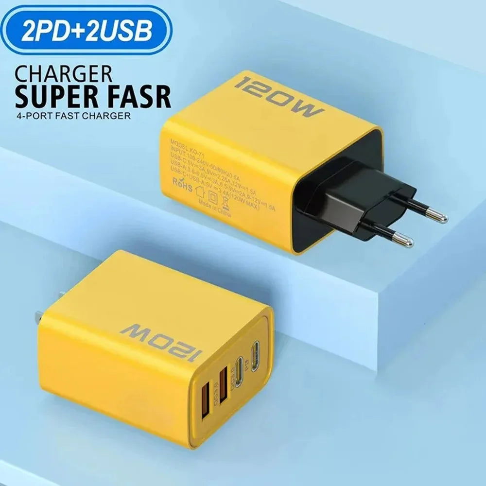 120W 4 Port USB C Charger Type C Fast Charging Phone Charger Power Adapter For iPhone Samsung Xiaomi EU/US/UK Plug Wall Charger