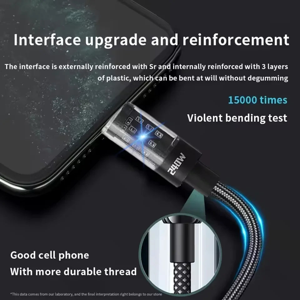 240W USB to Type C Super Fast Charging Cable QC 3.0 LED Digital Display Phone Charger Data Cord For Samsung Xiaomi Huawei OPPO