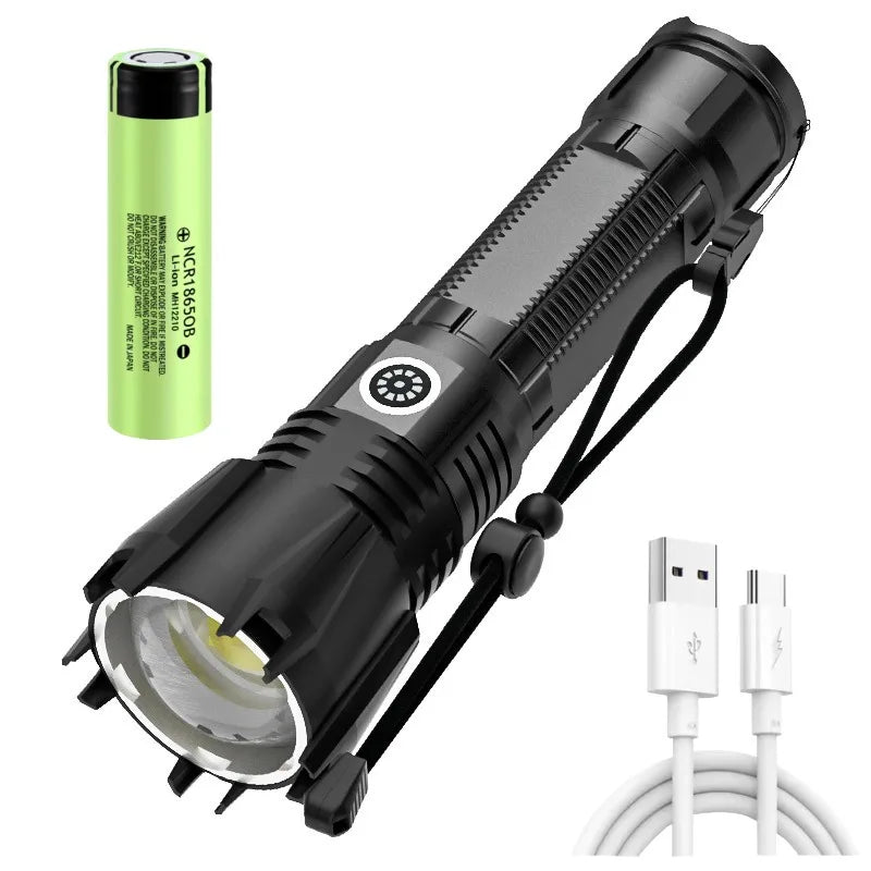 Højtydende P90 LED-lommelygte med TYPE-C-opladning, zoom og søgelys, vandtæt fakkel til udendørs camping og jagt