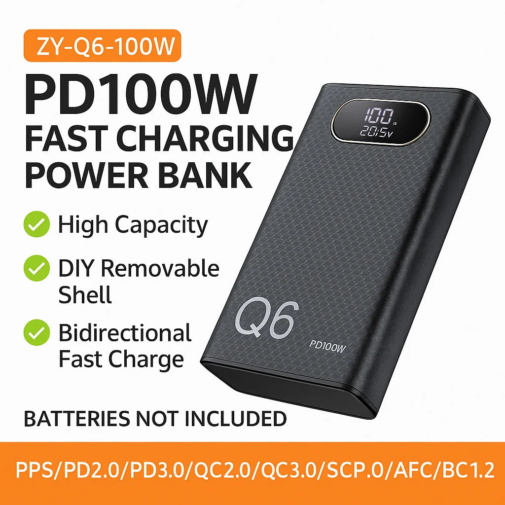 Kit DIY de batería externa con carga rápida PD100W, 20V 5A, para 6 baterías 21700, portátil, personalizable, sin soldadura y fácil de montar