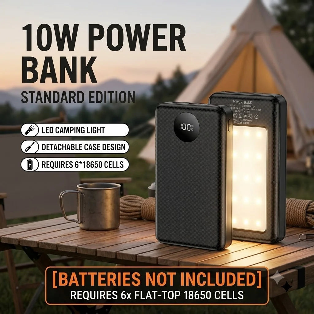 6×18650-batteriopbevaringsboks, DIY-powerbanks skal med dobbelt USB-C-udgang, bærbar opladningsholder med indbygget campinglys til mobiltelefon