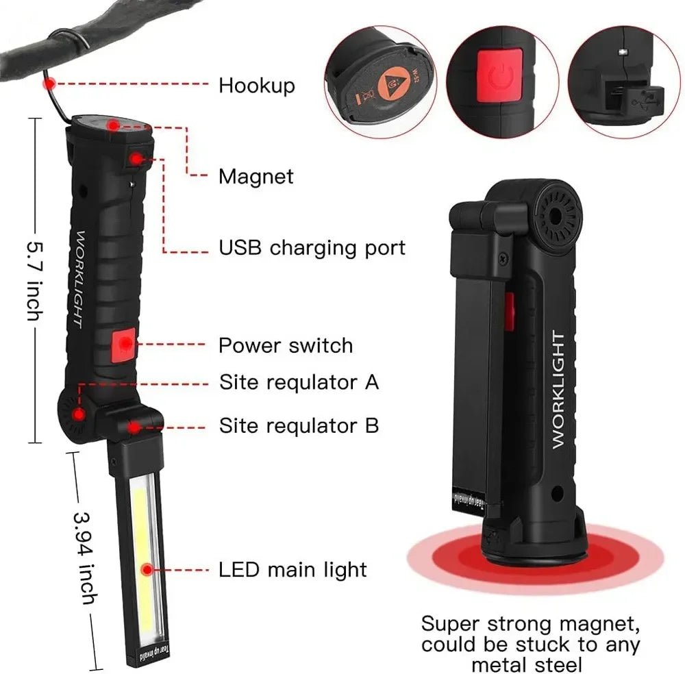 Portable COB LED Flashlight USB Rechargeable Work Light Magnetic Lanterna Hanging Lamp with Built-in Battery Camping Torch