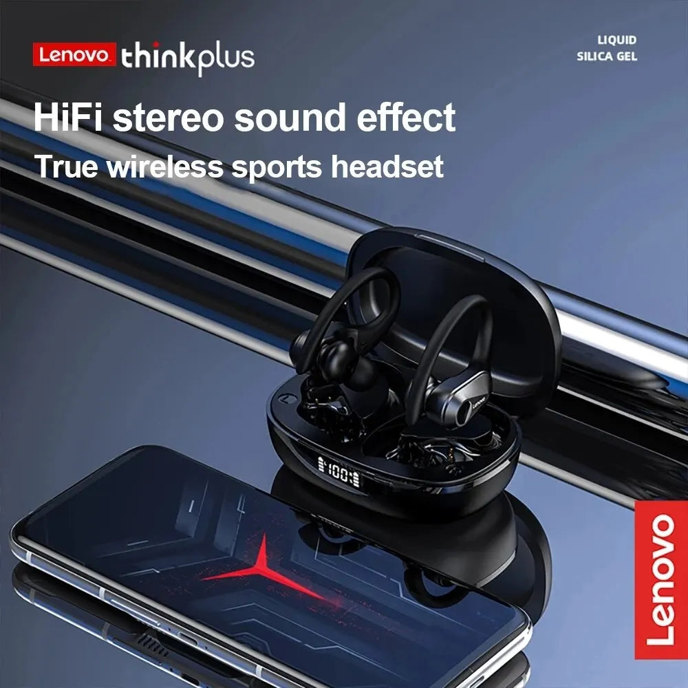 Auriculares deportivos inalámbricos Lenovo LP75 con micrófonos, control mediante botones, indicador LED de batería, sonido estéreo HiFi, Bluetooth 5.3, TWS