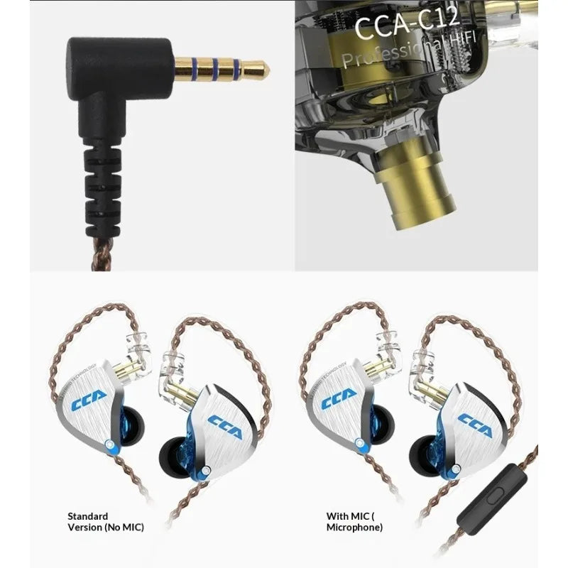 CCA C12 Earphones Hi-Fi Audiophile Grade DIY Hybrid Dynamic & Balanced Armature Wired In-Ear Monitoring Headphones Gifts