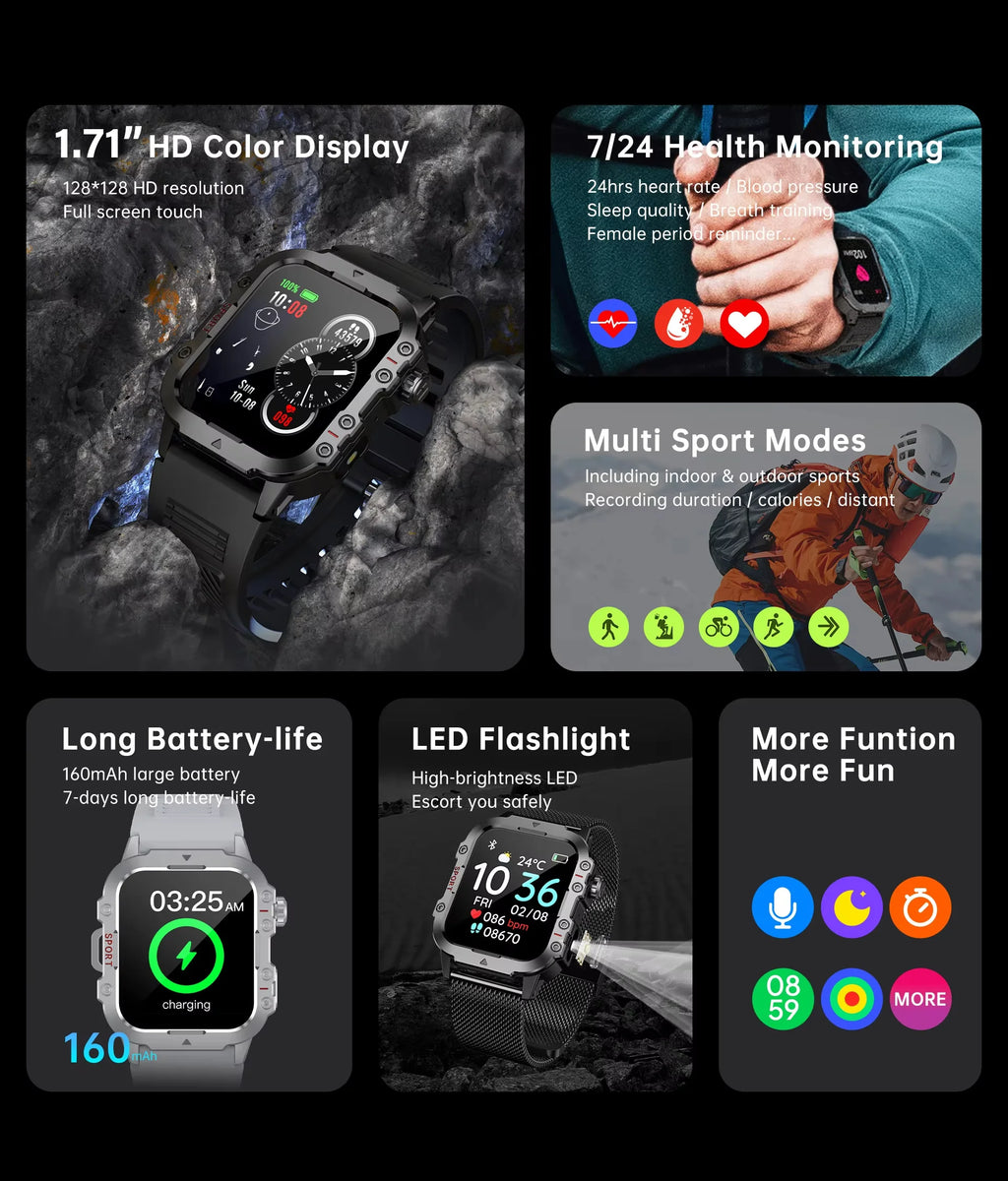 G.L Wear 2026-smartwatch til udendørssport og fitness, pulsmåler, SpO2- og søvnovervågning, LED-lommelygte, Bluetooth-opkald, til mænd og kvinder