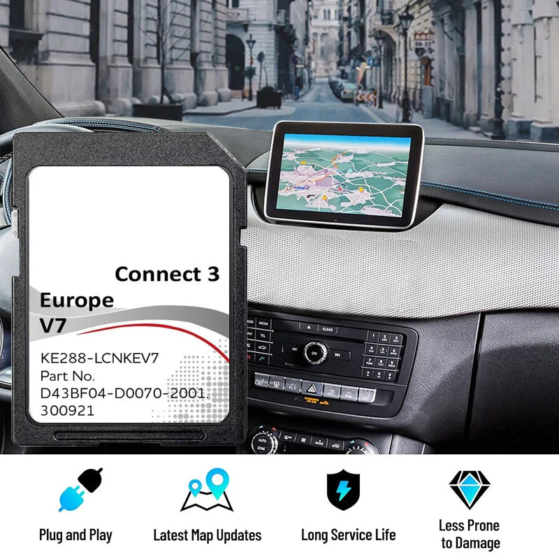 Navegador GPS Connect3 V7, tarjeta de memoria SD de 16 GB, navegación para Nissan Juke/Qashqai/X-Trail/Note/Leaf, actualización del vehículo, mapa de Europa de 2022