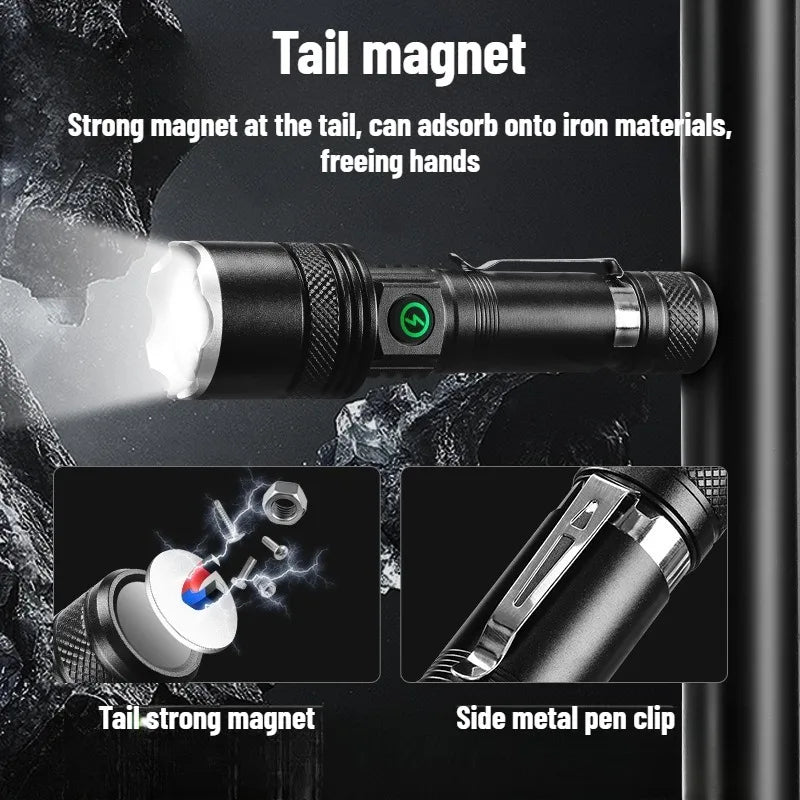 Rechargeable LED Flashlight Zoomable Waterproof Aluminum Alloy Torch with Clip Magnet for Outdoor Hiking Camping Night Use