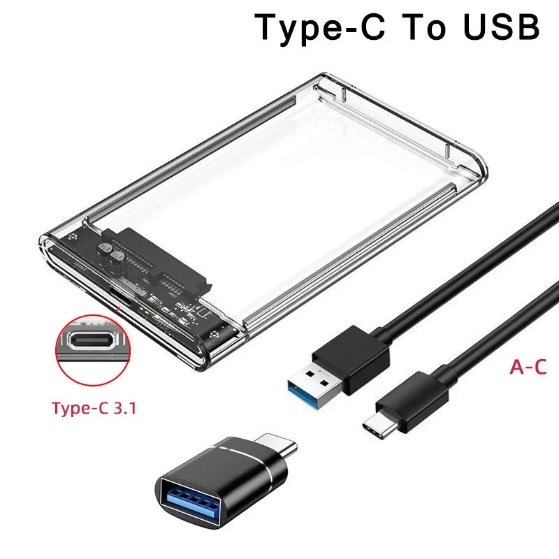 Carcasa transparente para HDD, caja externa para SSD de 2,5 pulgadas, adaptador SATA a USB 3.0 Tipo-C 3.1, caja portátil para disco duro externo, sin herramientas