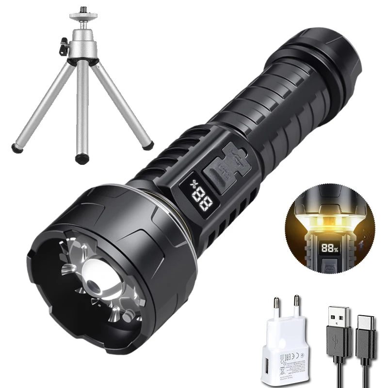 COB LED Flashlight Rechargeable Lantern 7-core Camping Torch Red Light Waming Lamp Can Install Tripod Outdoor Hiking Emergency