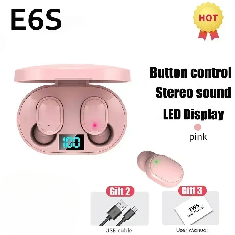 E6S trådløse Bluetooth-øretelefoner, TWS-Bluetooth-headset, trådløse earbuds med støjreduktion og mikrofon