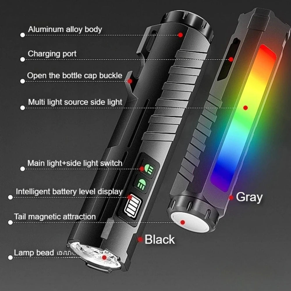 Multifunktionel LED-lommelygte med kraftigt lys, genopladeligt farverigt neonlys og magnetisk base – ideel til inspektion og udendørs brug