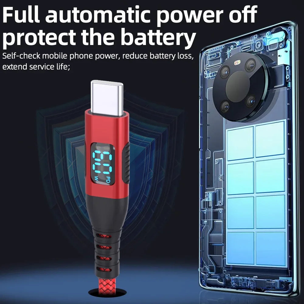 HOMEFISH LED Digital Display Dual Head Type-C Super Fast Charger 100W 6A Compatible with Huawei Xiaomi Phone PD Charging Cable