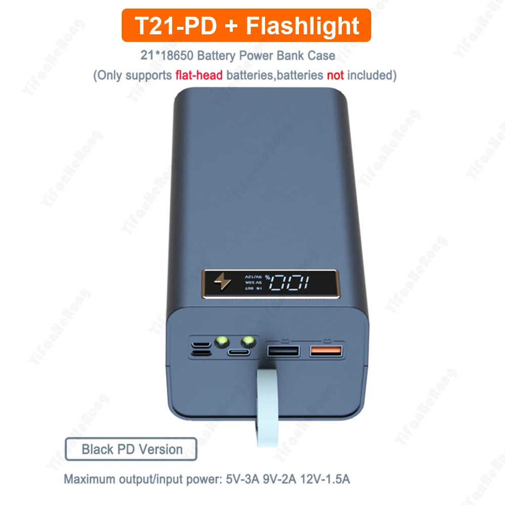 T21-batteriopbevaringsboks til 21*18650 med lommelygte, powerbank-etui, batteriholderboks med dobbelt USB, DIY-skal til 18650-batterier