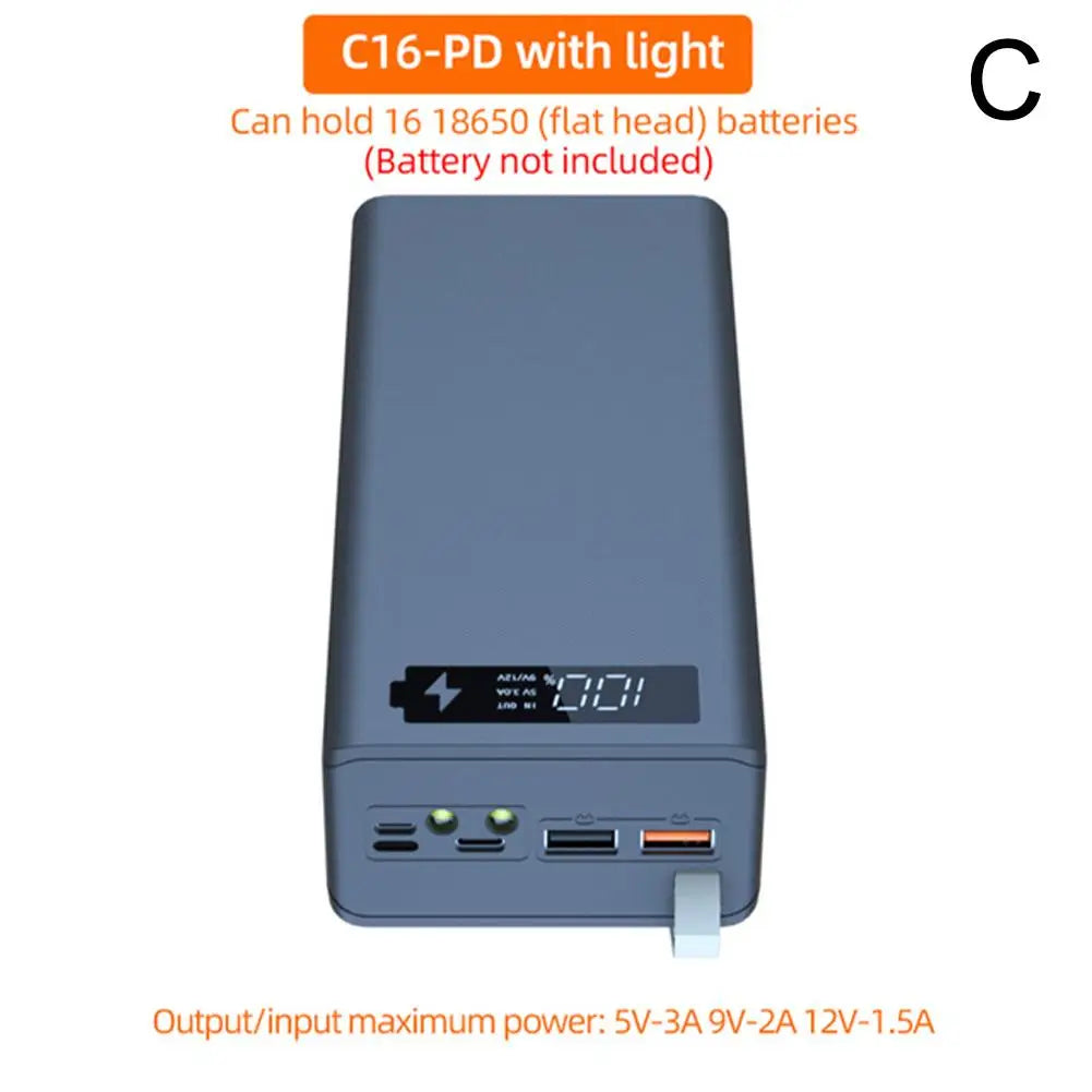 Portable Power Bank Case 16*18650 C16 USB Welding Free Power Bank Case Detachable QC 3.0 PD DIY Shell Housing For Powerbank