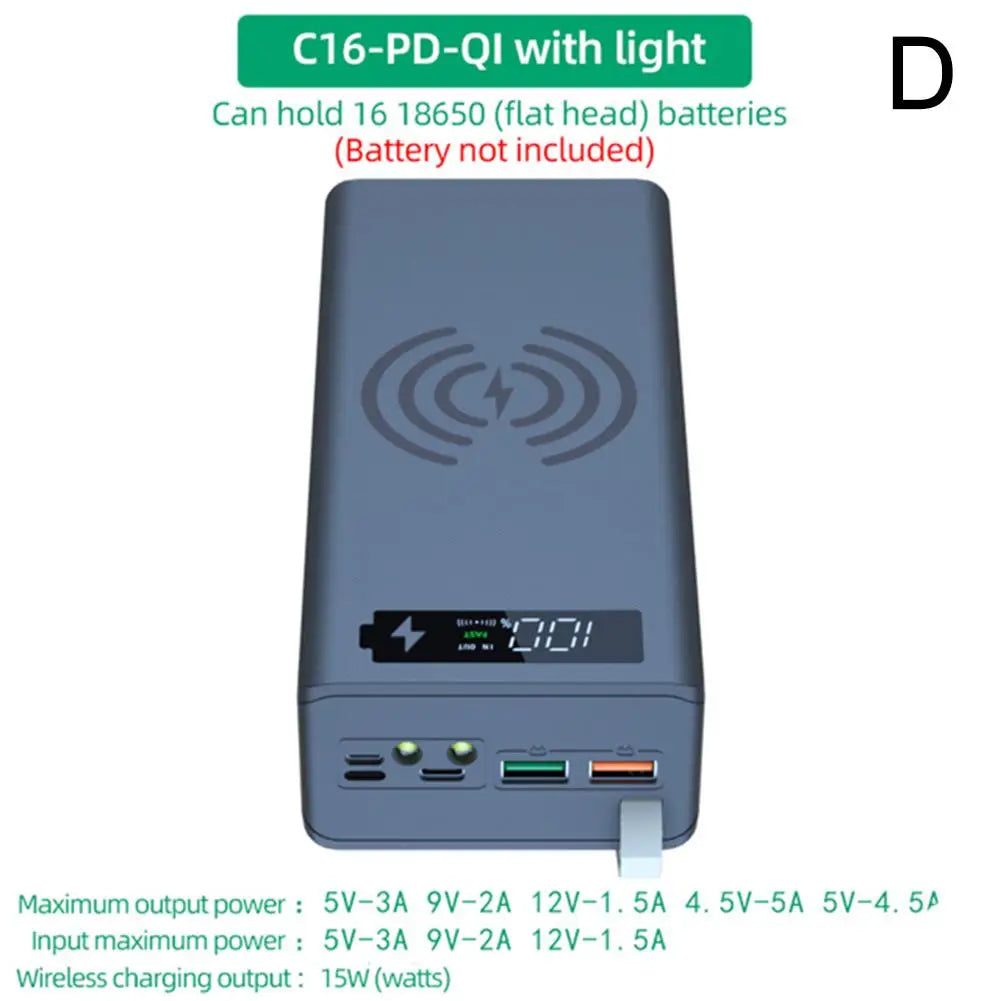 Bærbart powerbank-etui til 16*18650, C16, svejsefrit USB-etui, aftagelig QC 3.0 PD DIY-powerbanks skal og kabinet