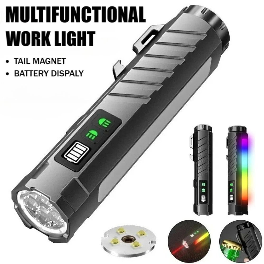 Linterna LED multifuncional de luz intensa, recargable, con luz de neón multicolor y base magnética, ideal para inspecciones y uso al aire libre