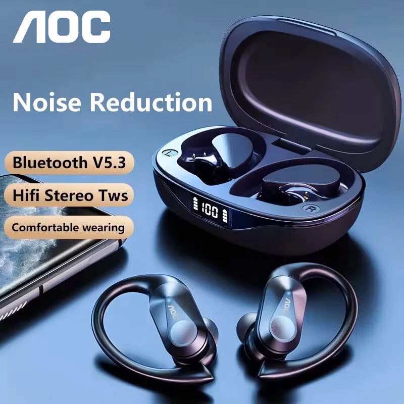 Choice AOC sportsheadset, trådløse Bluetooth 6.0-øretelefoner, vandtætte, LED-batteridisplay, gaming med lav latenstid, hovedtelefoner LP75